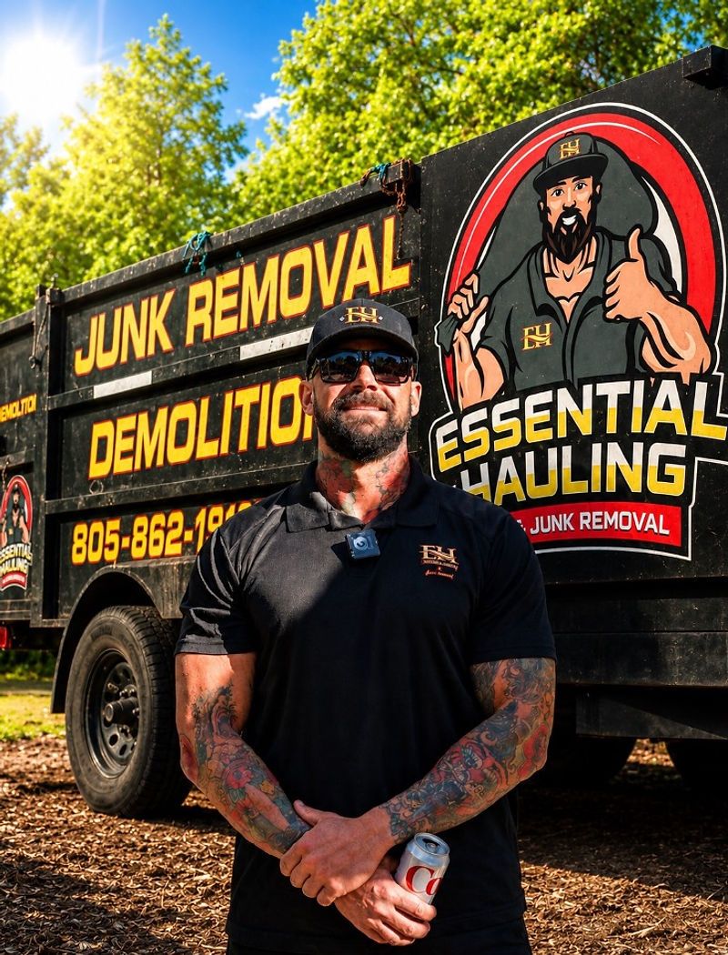 The Essential Hauling owner standing by the company junk removal trailer